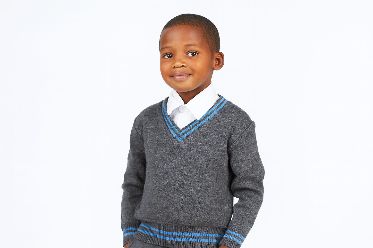 Grey Sweater with Blue Trim - Smaller Size - CORRECTED