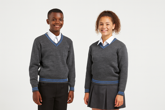 Grey Sweater with Blue Trim - Unisex Appeal - CORRECTED