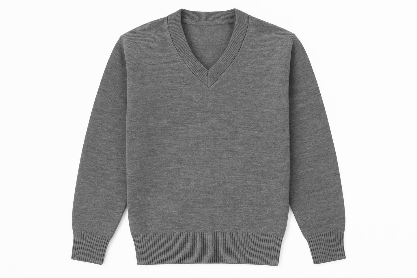 Grey V-neck school sweater product shot