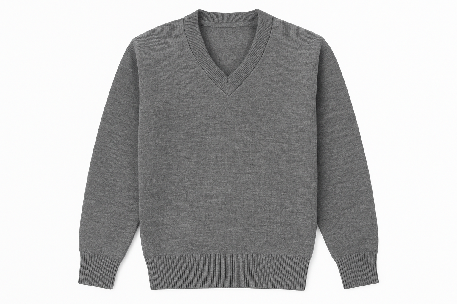 Grey V-neck school sweater product shot