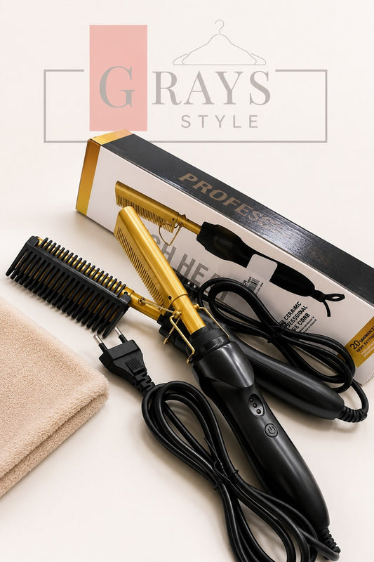 Professional Ceramic Hot Comb Hair Straightener with packaging and accessories