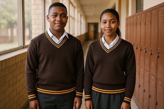 Two students wearing brown sweaters with gold trim