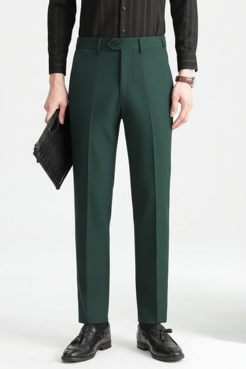 T370 Olive Green Slim-Fit Dress Trousers