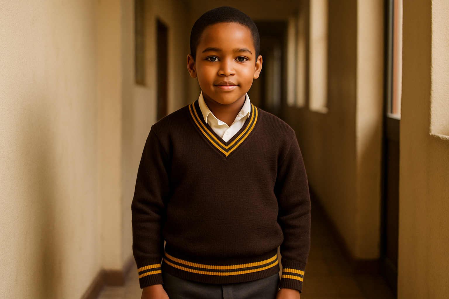 Boy in brown sweater with gold trim