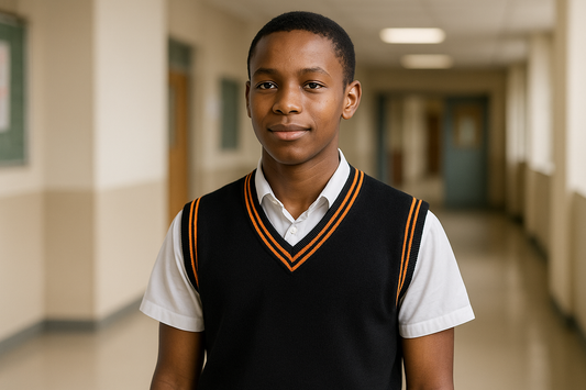 Student size 32-38 wearing black pullover with orange trim