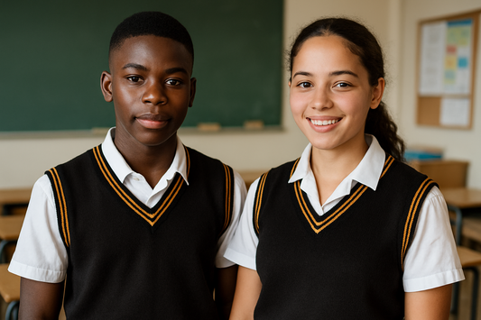 Students wearing brown and gold sleeveless sweaters
