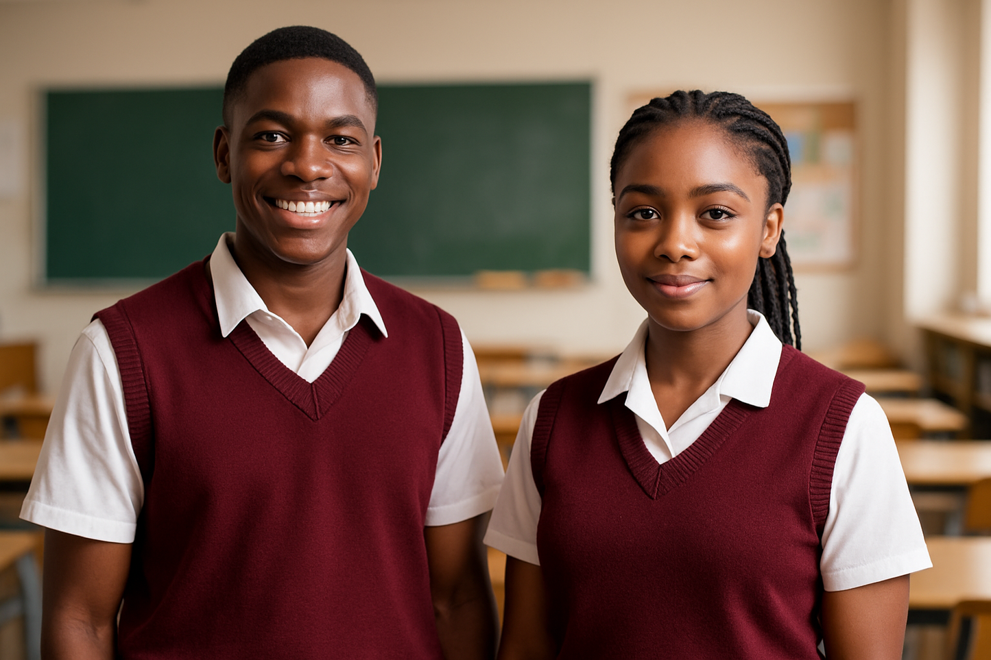 Black South African students wearing maroon sleeveless sweaters