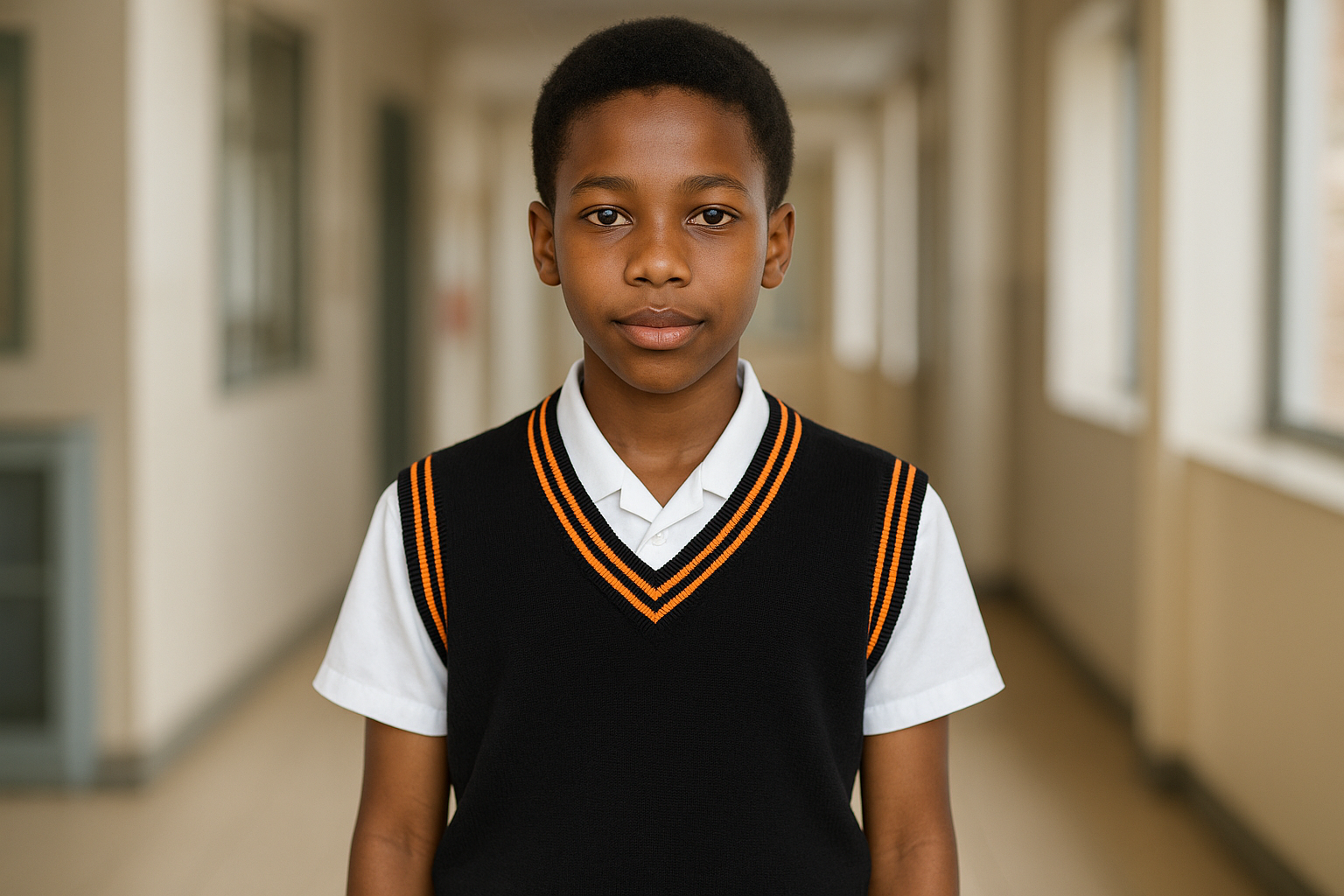Student size 22-28 wearing black pullover with orange trim