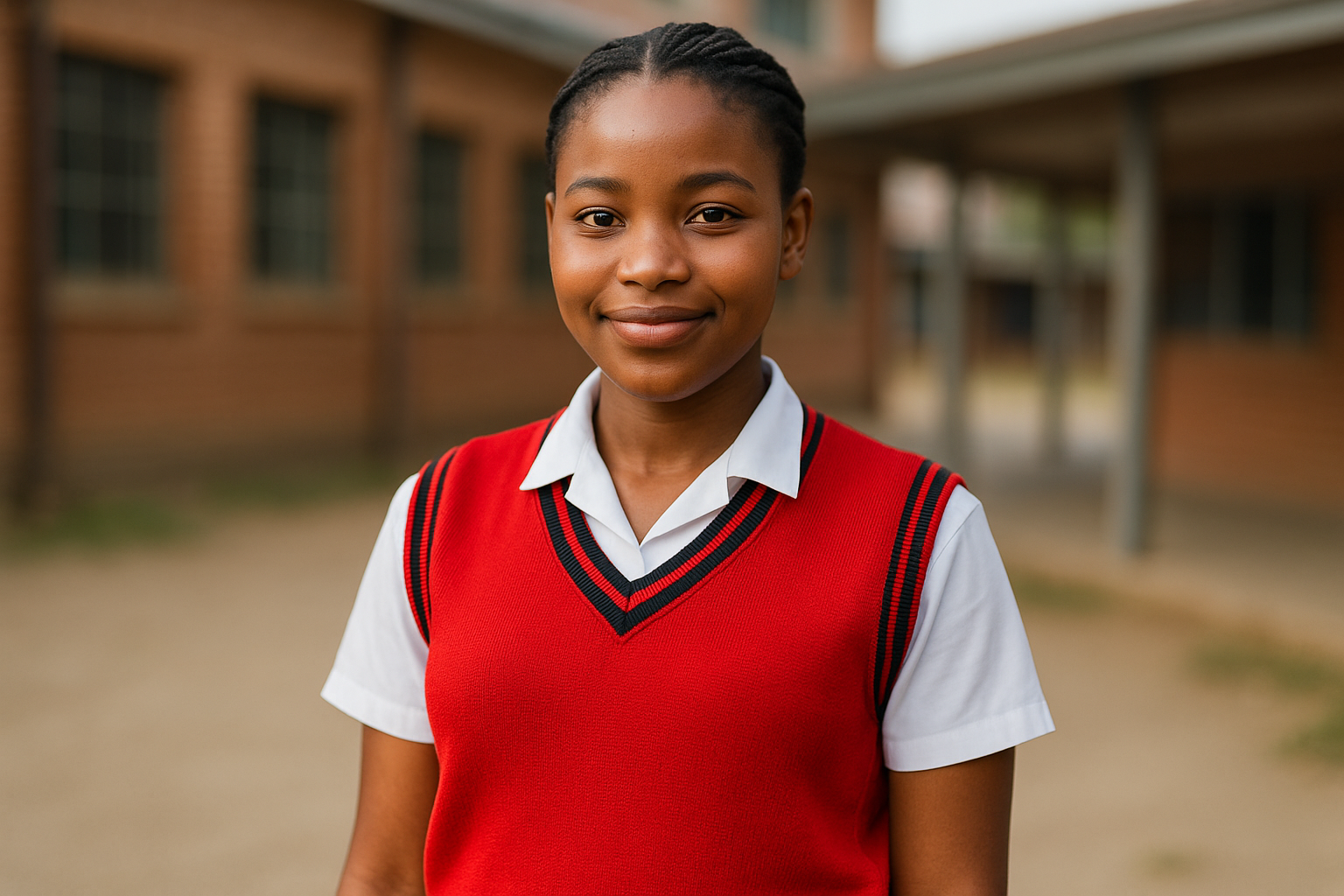 South African Girl Student in Red School Sweater with Black Trim