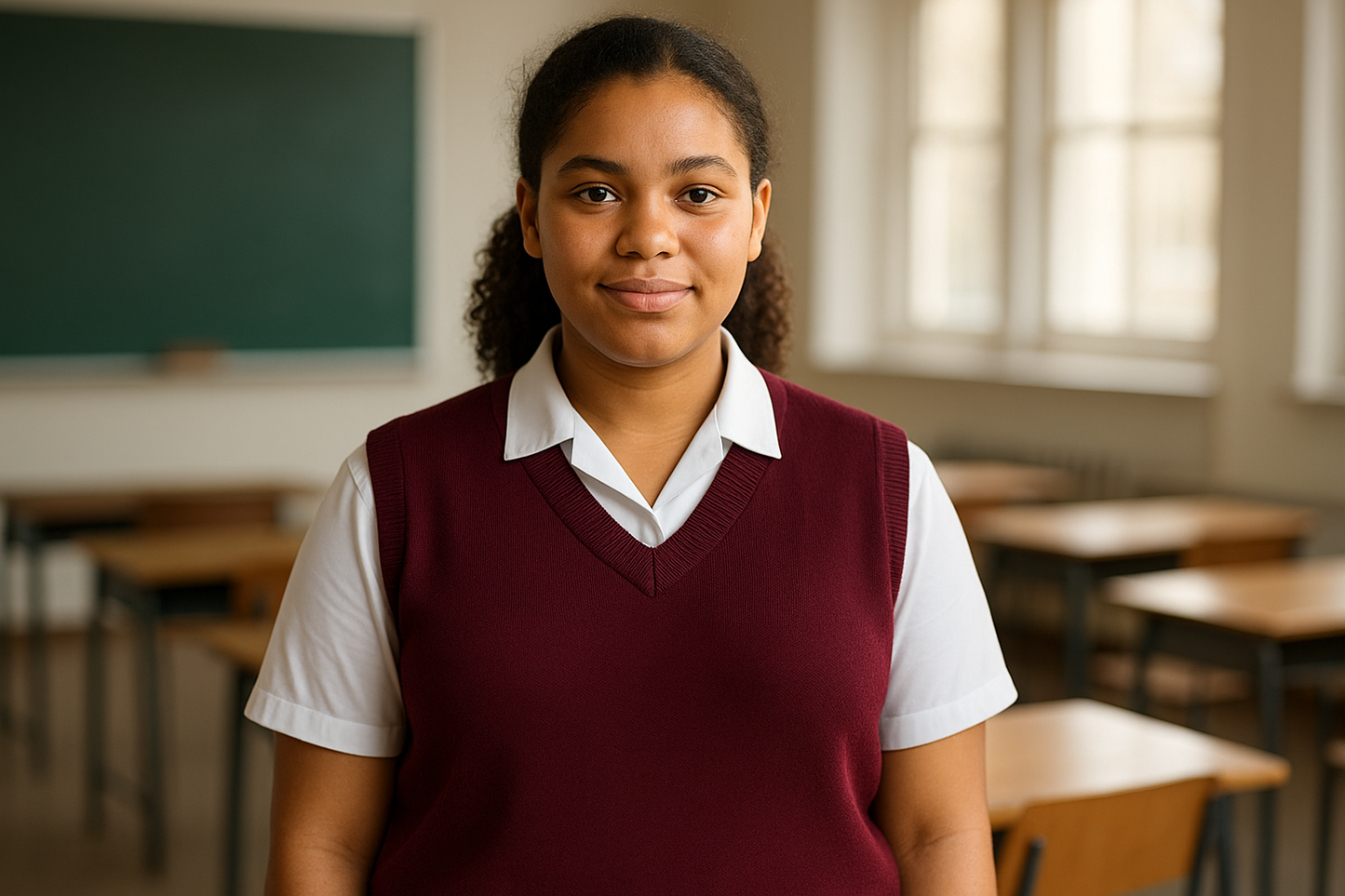 South African girl with Coloured heritage in maroon sleeveless sweater