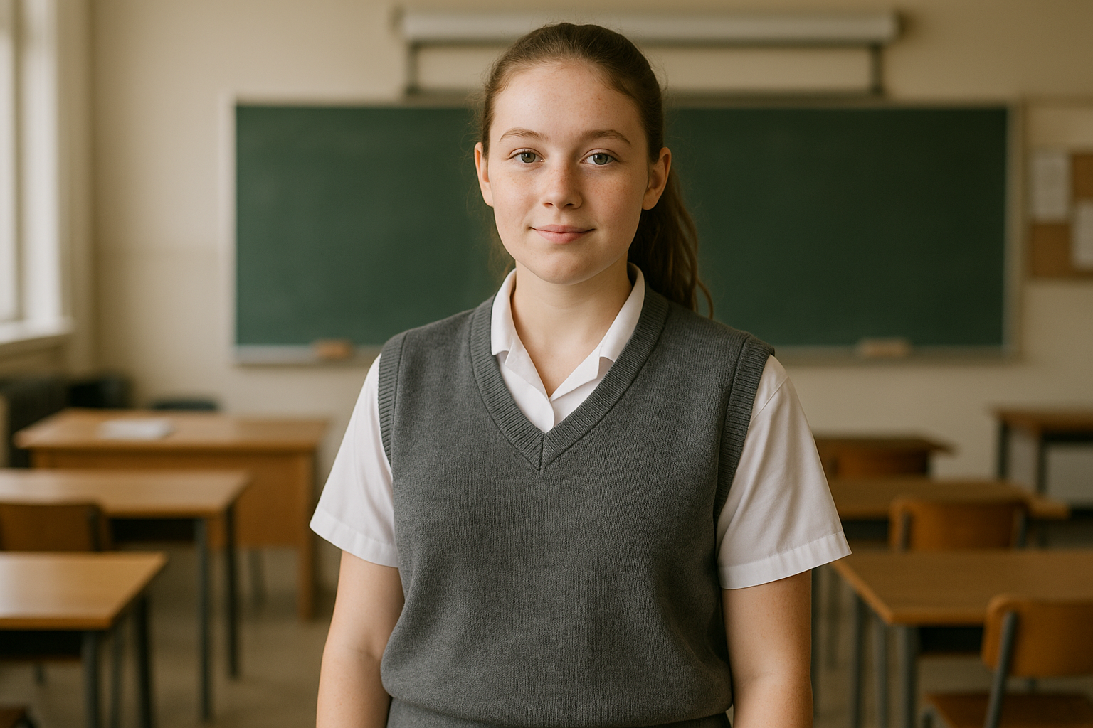 South African girl with White heritage in plain gray sleeveless sweater