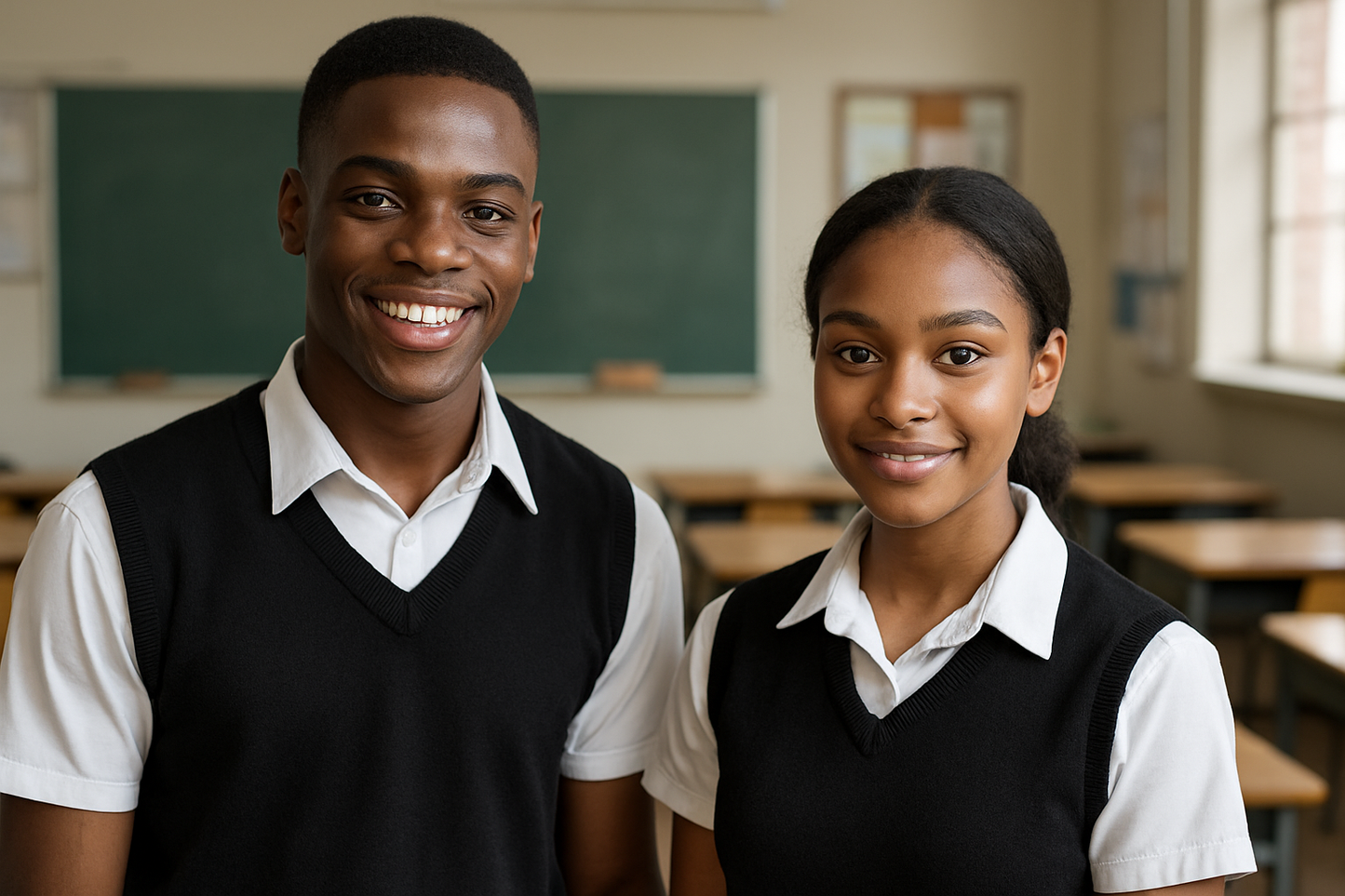 Students wearing clean black sleeveless sweaters