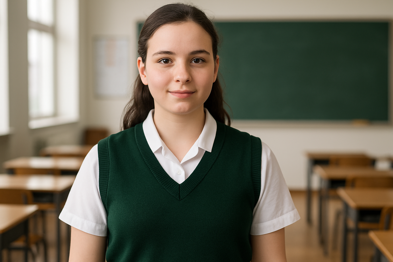 South African girl with White heritage in forest green sleeveless sweater