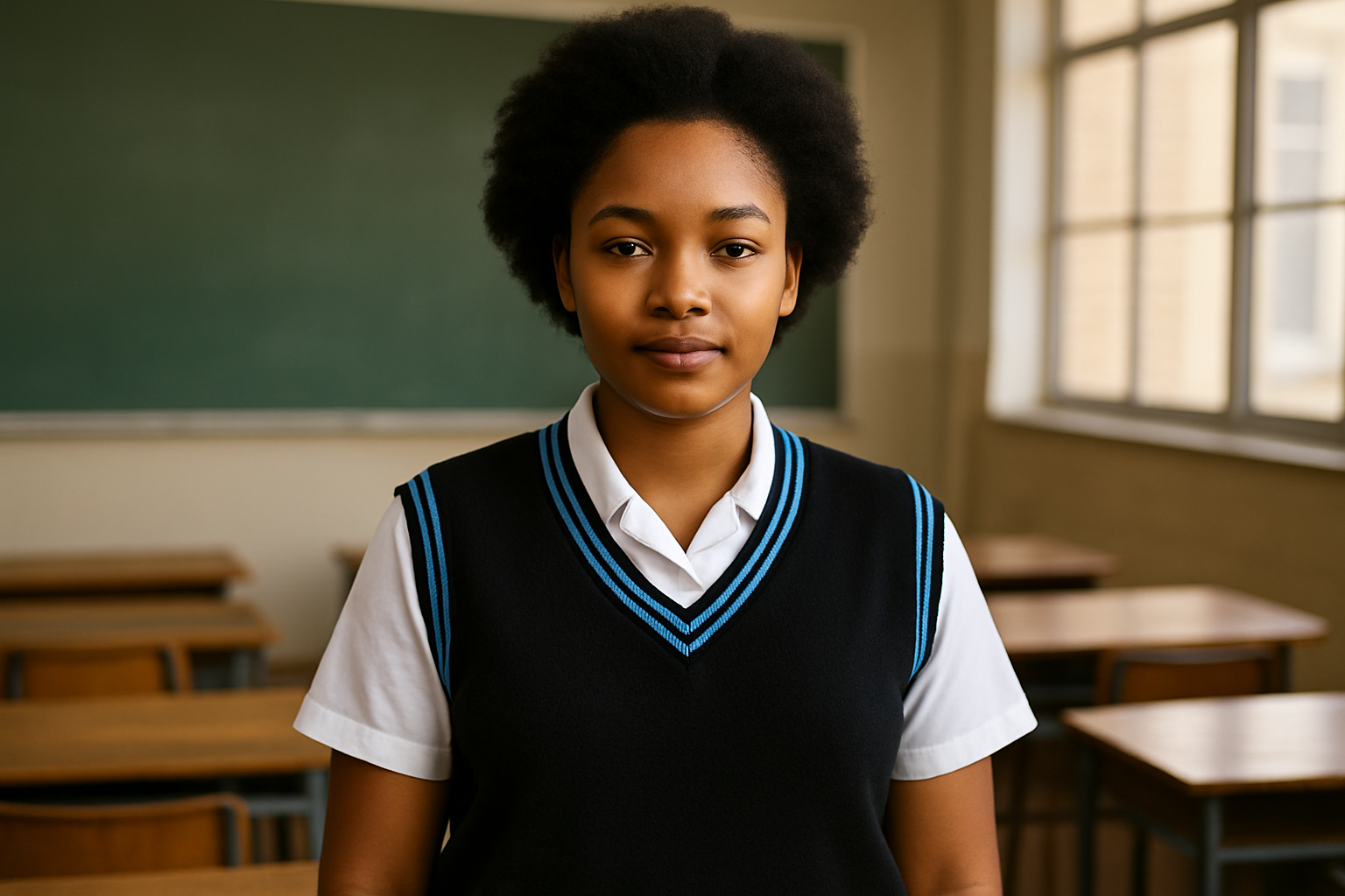 Student in larger size sleeveless sweater