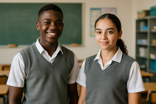 Diverse students wearing plain gray sleeveless sweaters