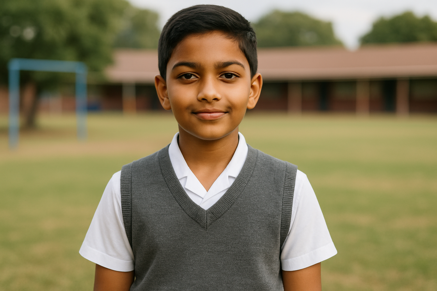South African boy with Indian heritage in plain gray sleeveless sweater