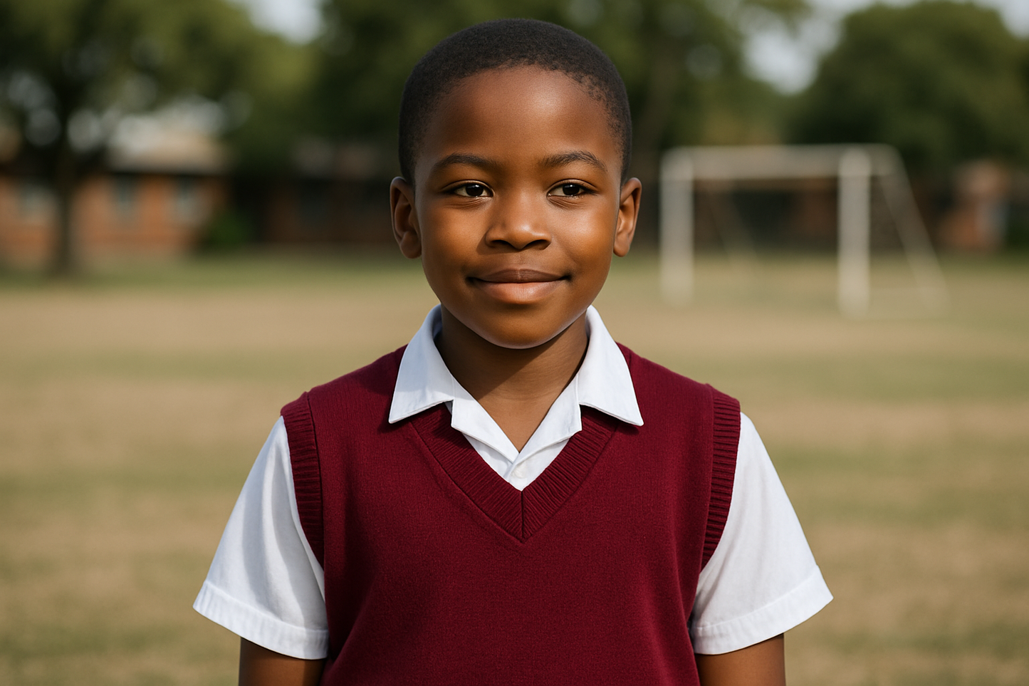 South African Black boy in maroon sleeveless sweater