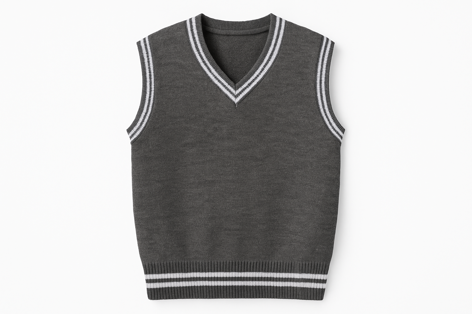 Product mockup of gray and white sleeveless sweater