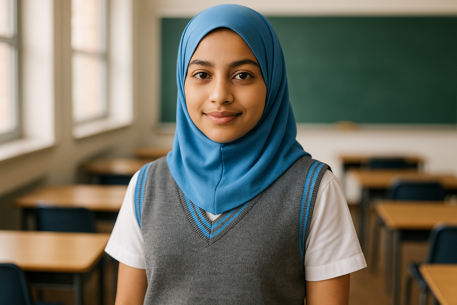 South African Muslim girl with sky blue hijab in gray and sky blue sleeveless sweater