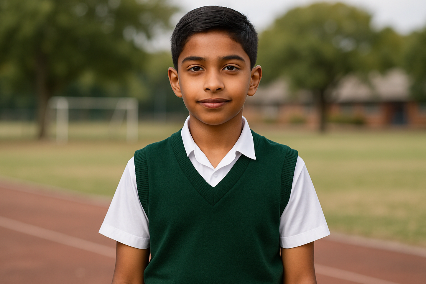 South African boy with Indian heritage in forest green sleeveless sweater