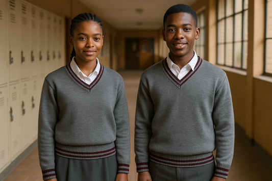 Two students wearing gray sweaters with maroon trim