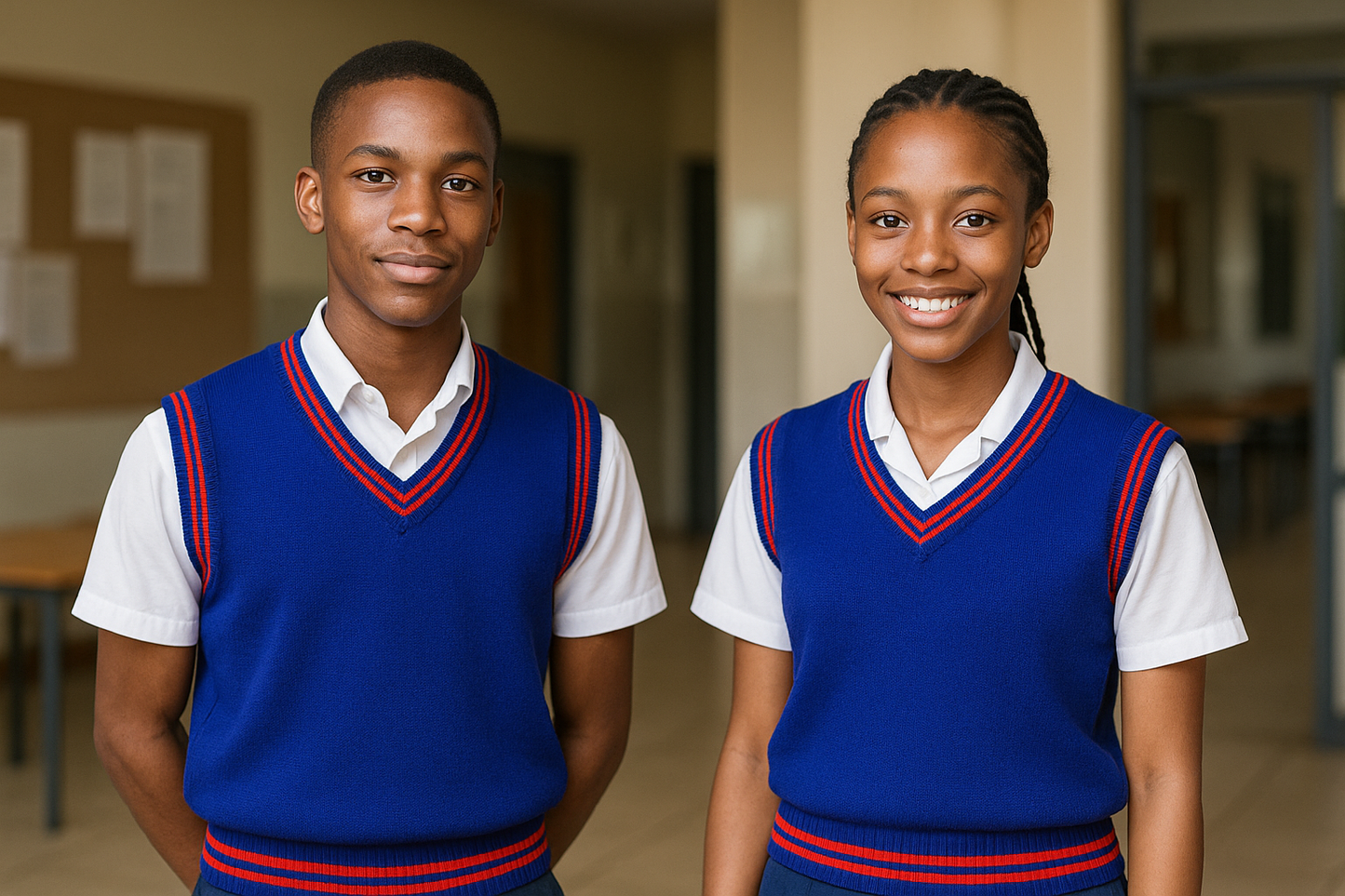 Two students wearing royal blue pullover with red trim