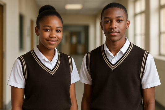 Two students wearing brown pullover with double-line beige trim