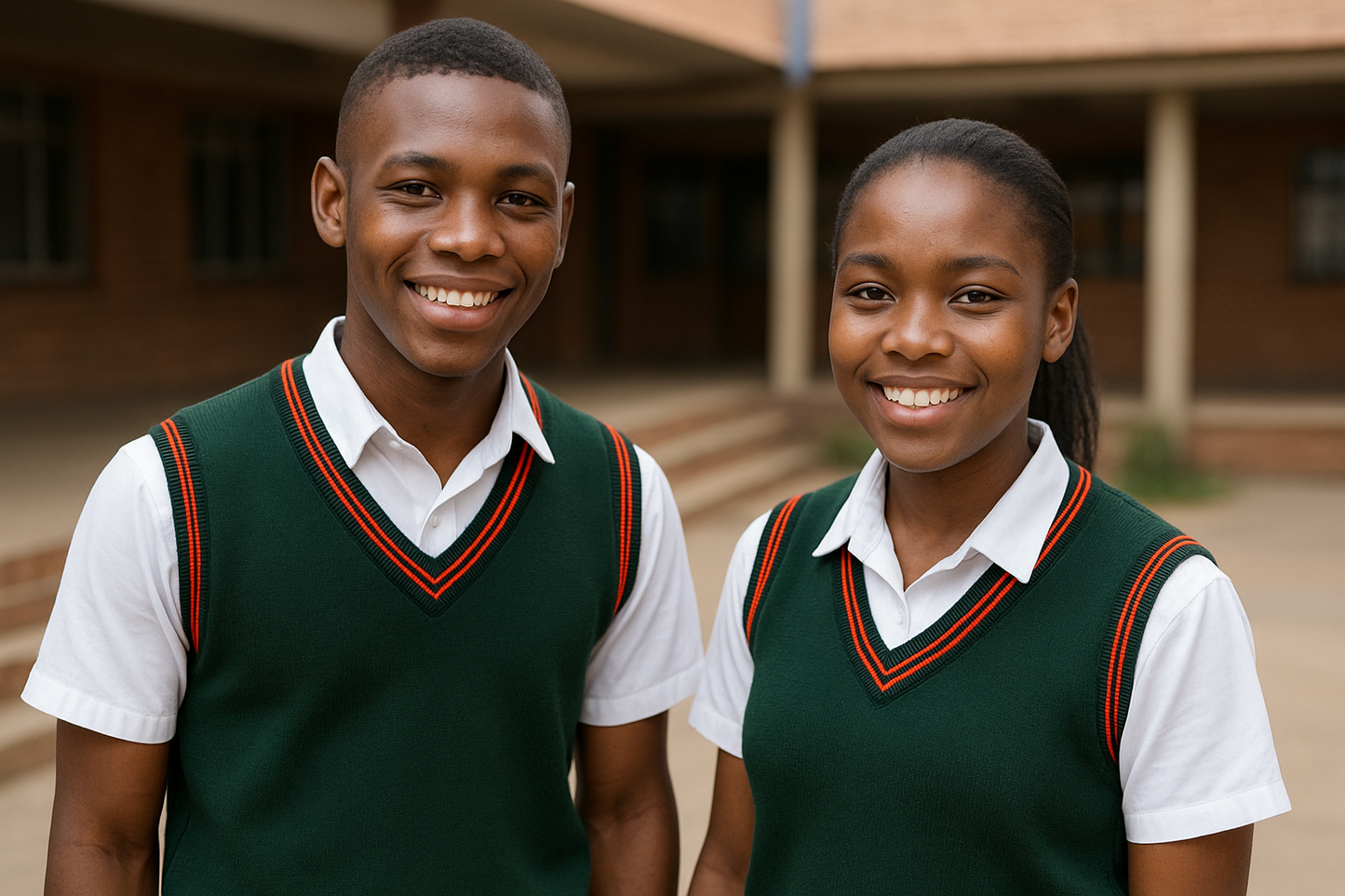 Two students wearing green pullover with red trim