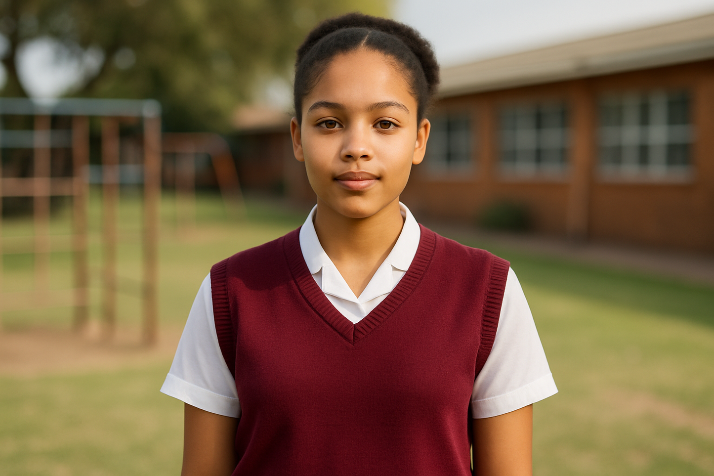 South African student with mixed heritage in maroon sleeveless sweater