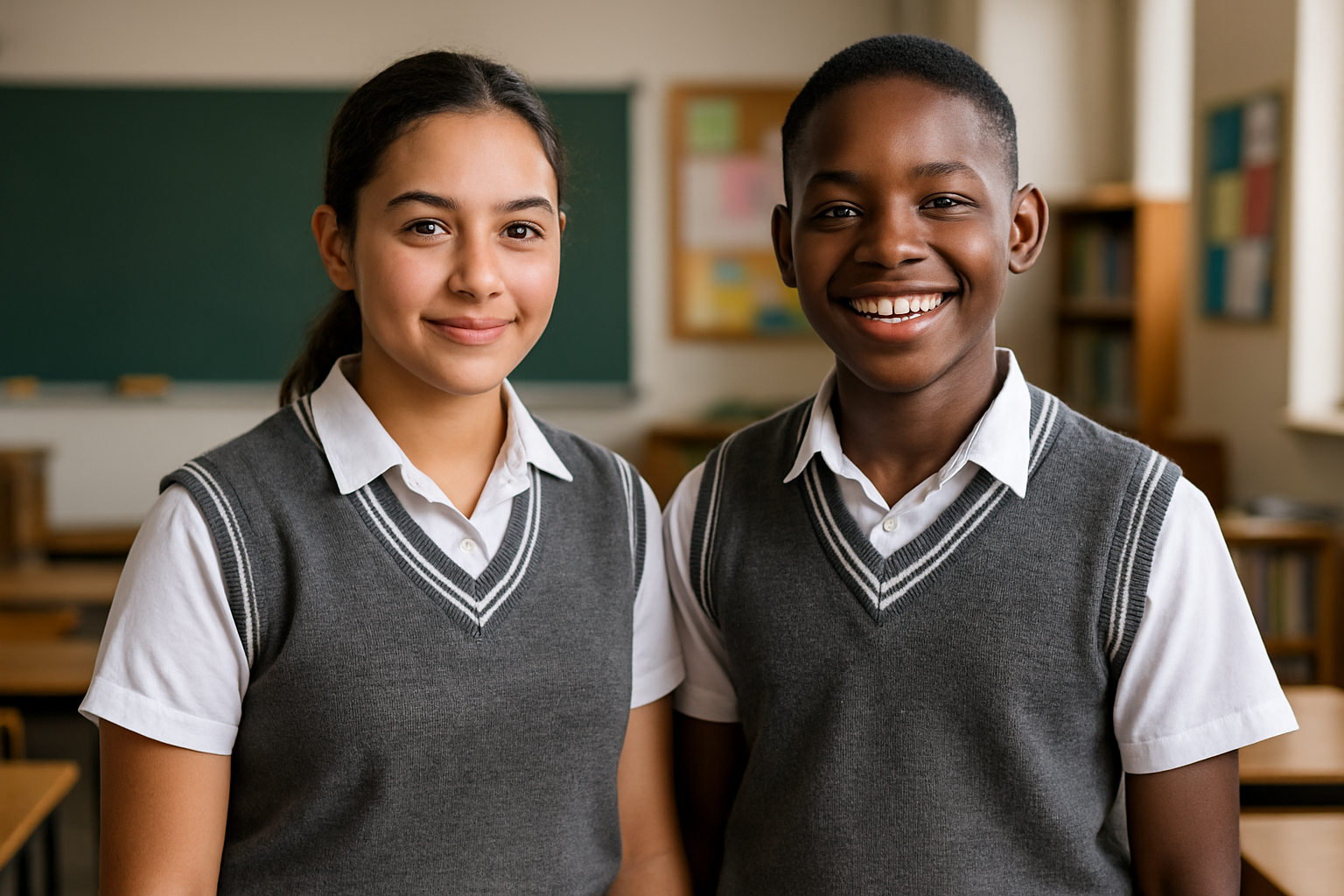 Diverse students wearing gray and white sleeveless sweaters