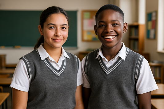 Diverse students wearing gray and white sleeveless sweaters
