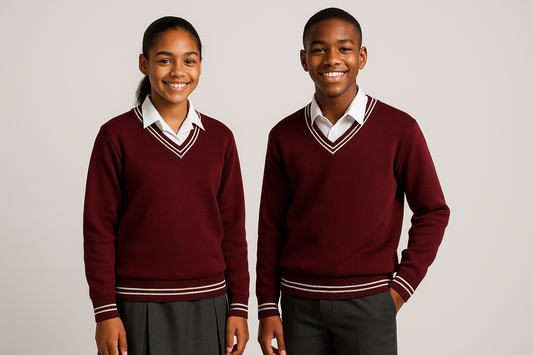Maroon School Sweater with Two White Trim Lines - Unisex Appeal (Boy & Girl)