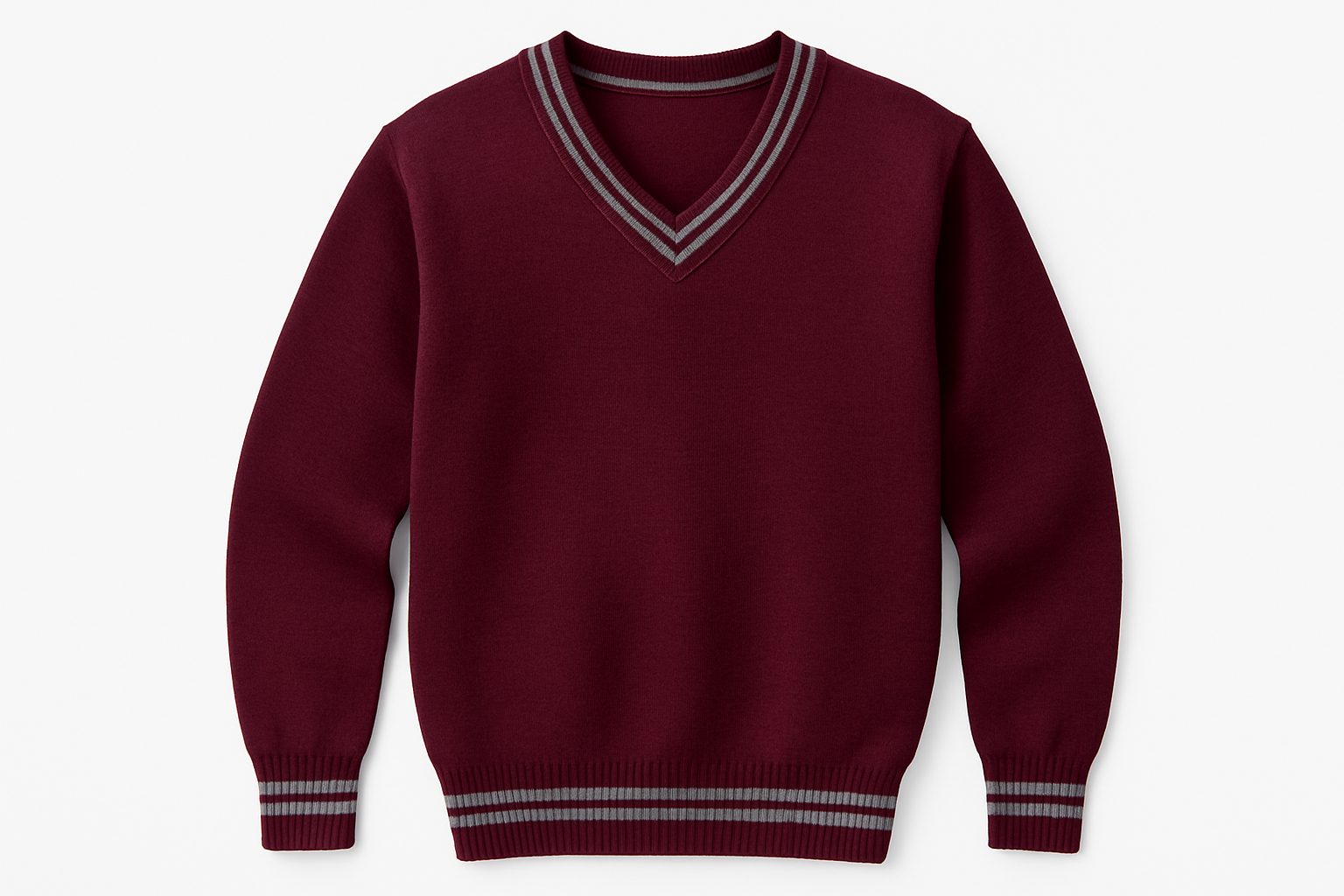 Maroon V-neck school sweater with grey trim on V-neck, cuffs and hem product shot