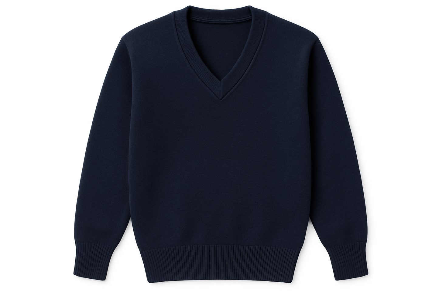 Navy blue V-neck school sweater product shot