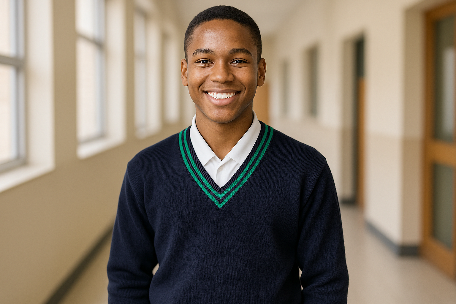 Older student (size 38-42) wearing the navy sweater