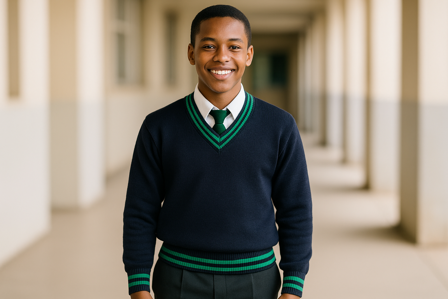 Older student wearing navy sweater with long pants