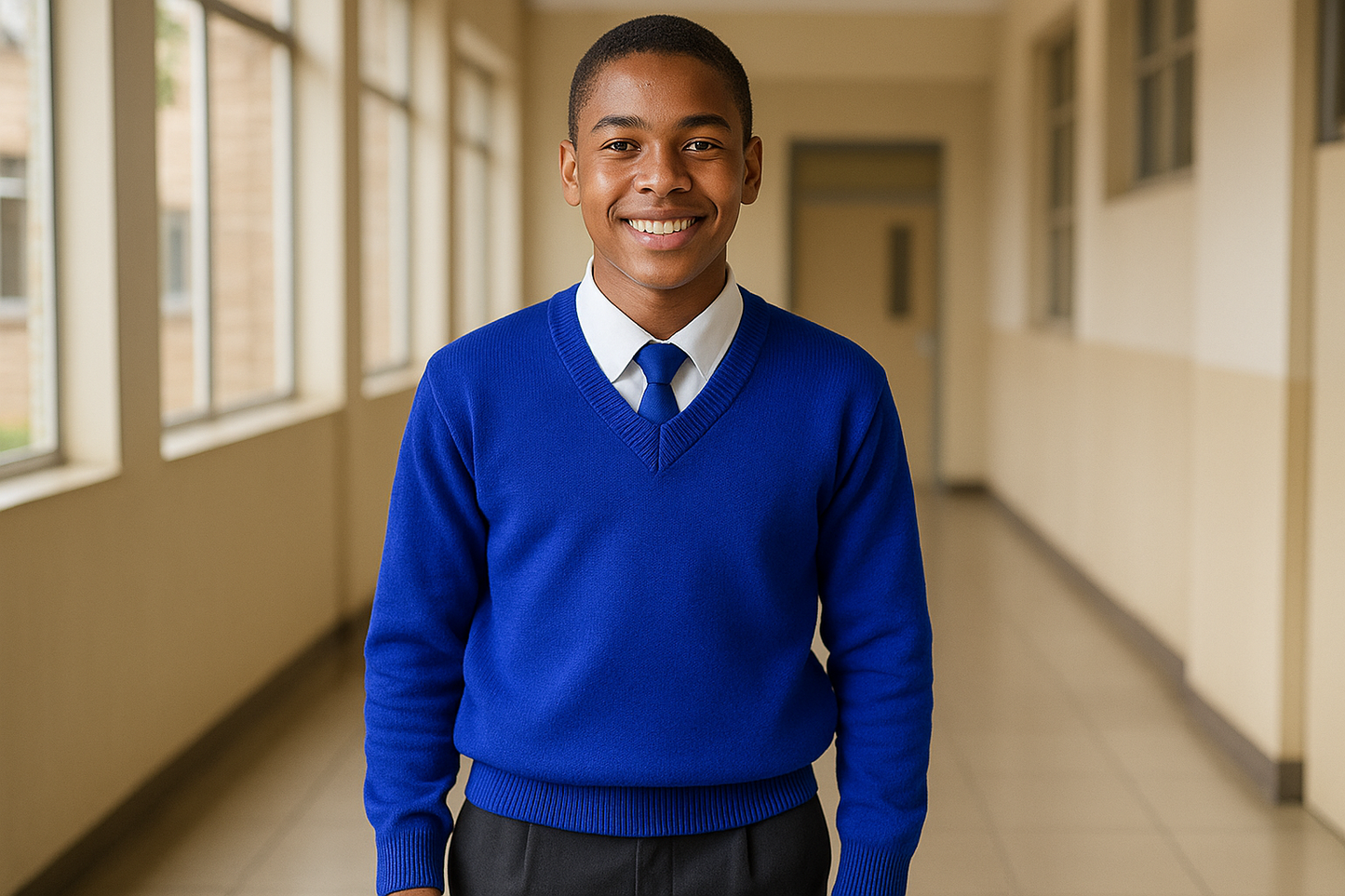 Older student wearing royal blue sweater with proper shirt underneath