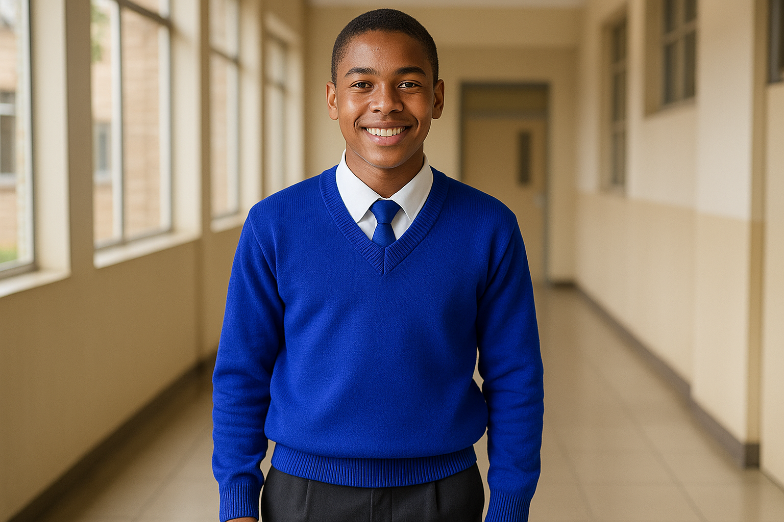 Older student wearing royal blue sweater with proper shirt underneath
