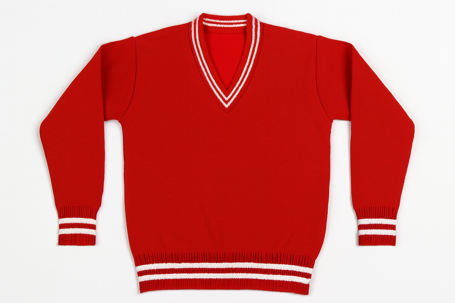 Red Sweater with White Trim - Flat Lay