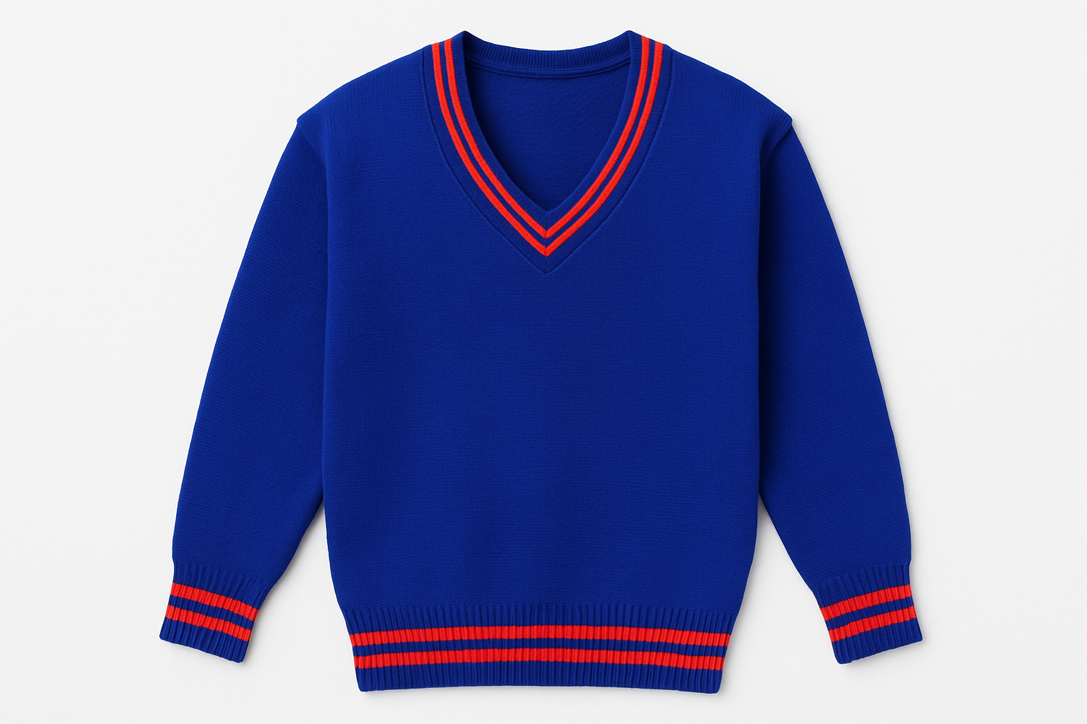 Royal blue V-neck school sweater with red trim on V-neck, cuffs and hem product shot