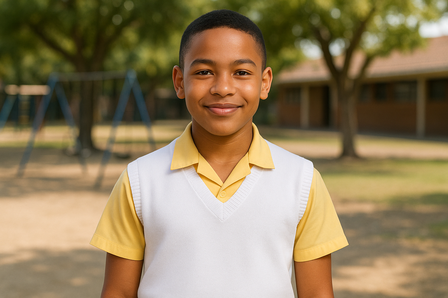 South African Boy Student in White School Uniform Sweater