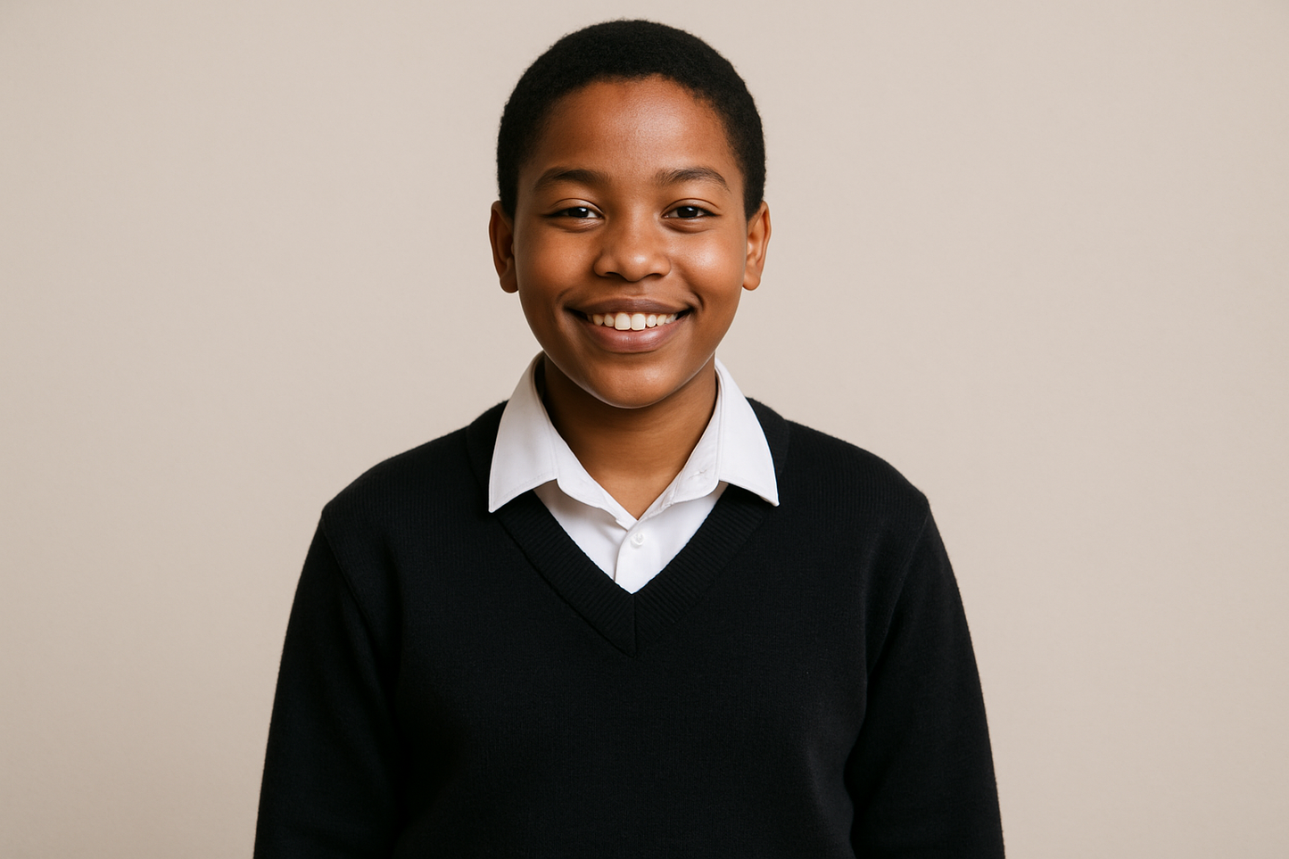 South African student in black V-neck sweater with white shirt, size 30-38