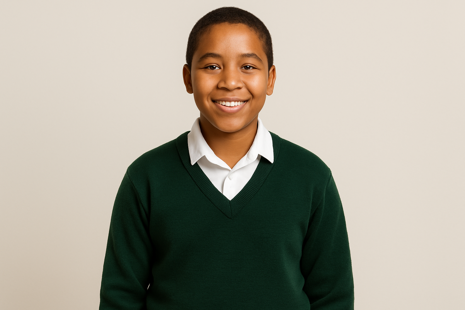 South African student in dark green V-neck sweater with white shirt, size 30-38