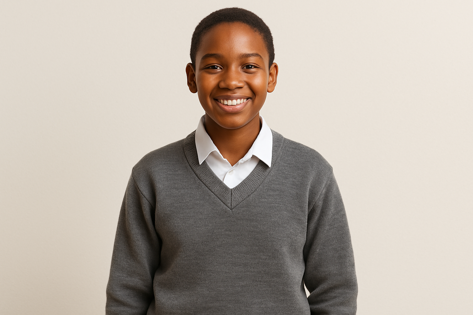 South African student in grey V-neck sweater over white shirt, size 30-38