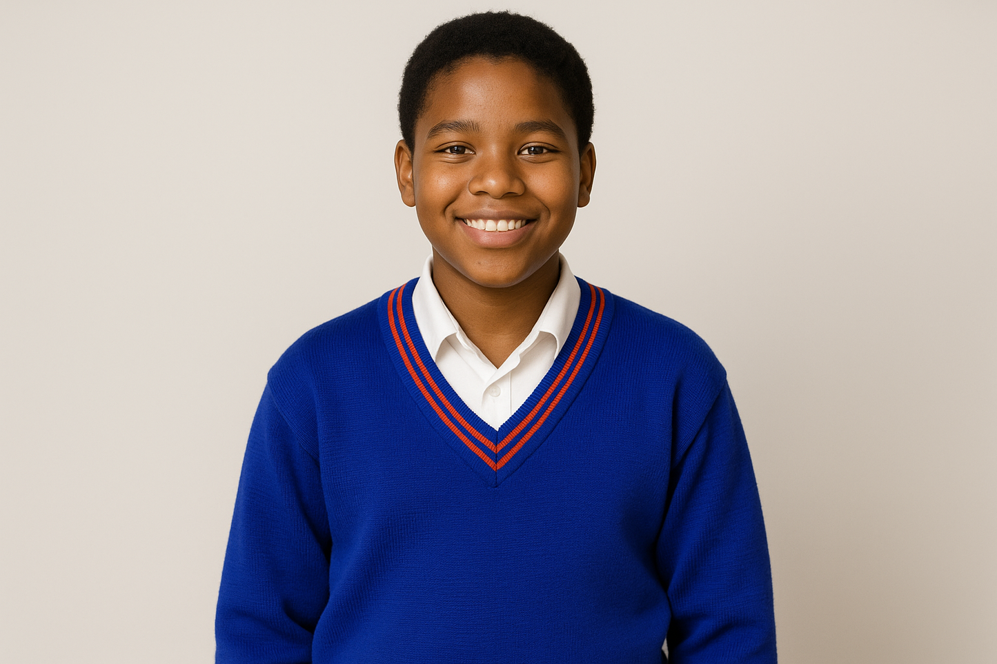 South African student in royal blue V-neck sweater with red trim details and white shirt, size 30-38