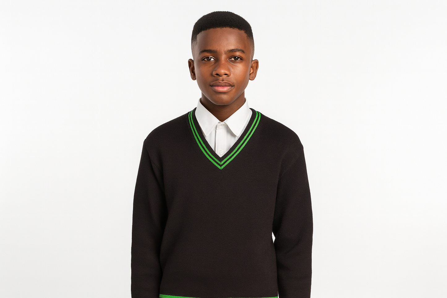 South African teenager wearing black sweater with consistent green trim