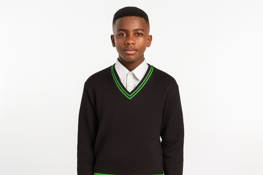 South African teenager wearing black sweater with consistent green trim