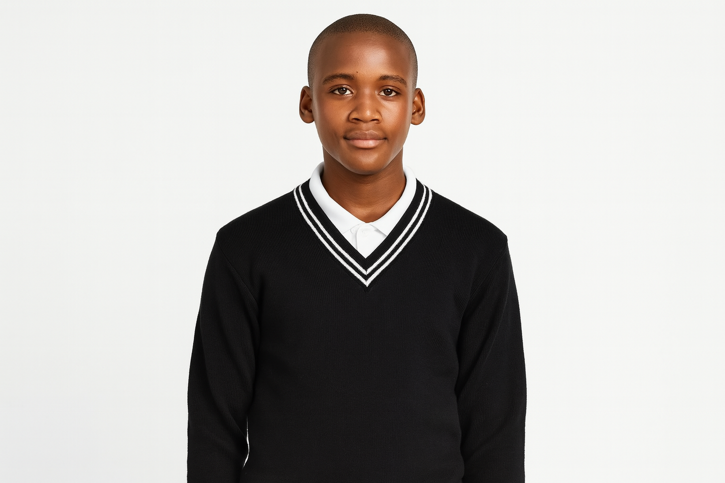 South African teenager wearing black sweater with double-line trim