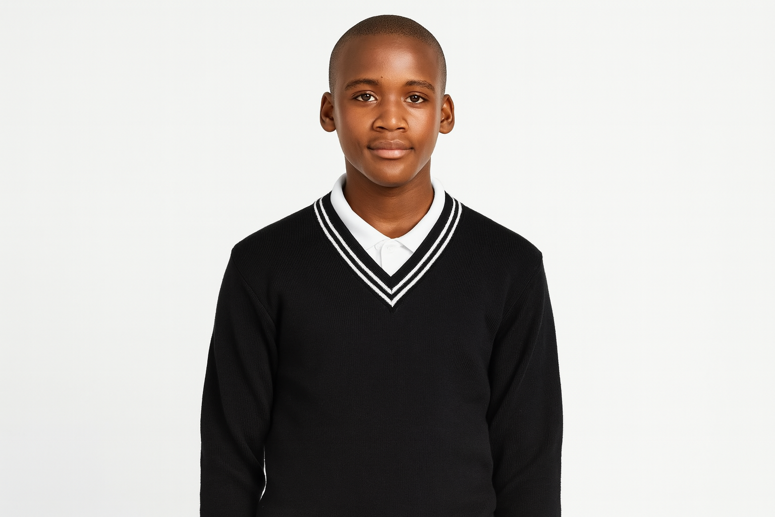 South African teenager wearing black sweater with double-line trim