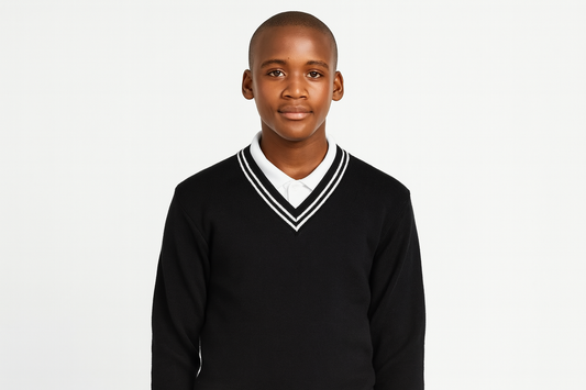 South African teenager wearing black sweater with double-line trim